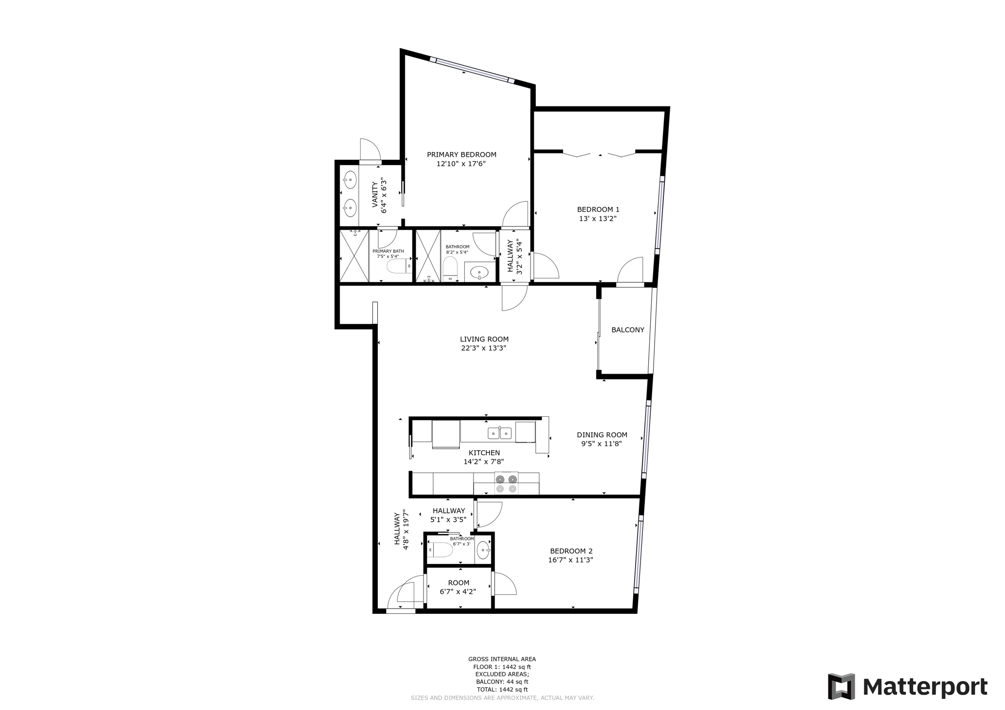 Floor plan for 3 beds, 2.5 baths, 1414 sqft